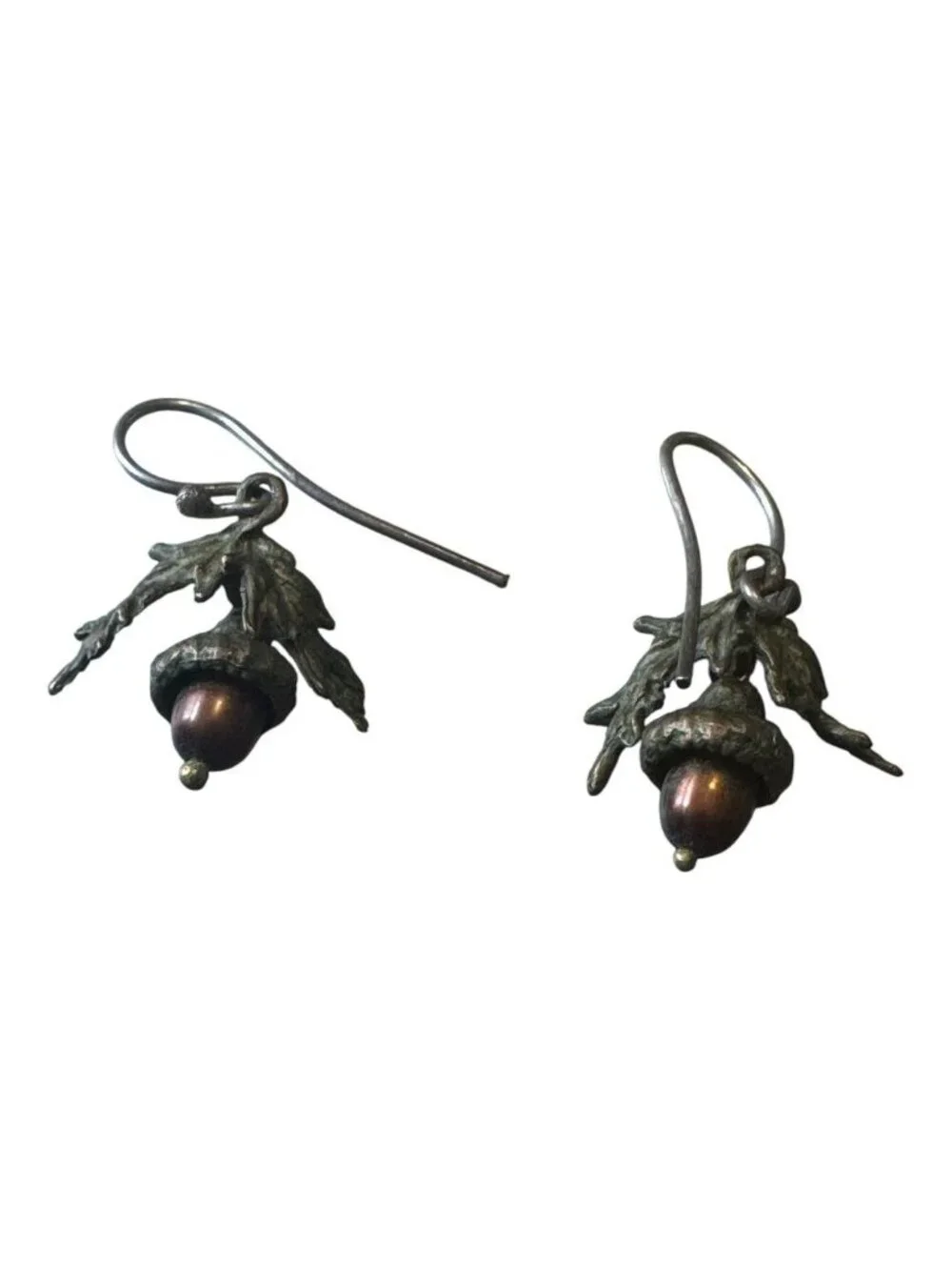 Antique Bronze Acorn Drop Earrings With Oak Leaf Details & Brown Beads Nature-In